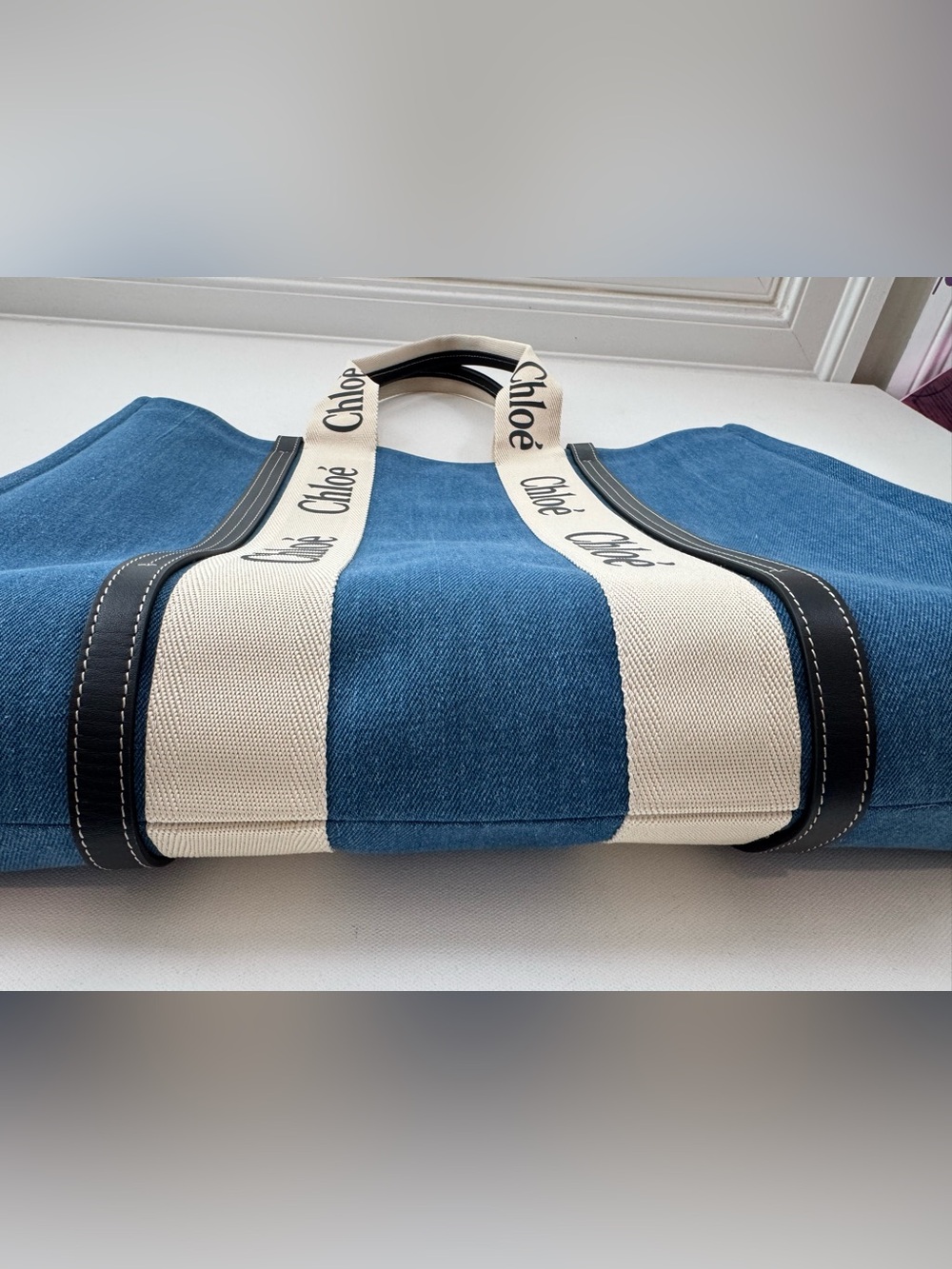 LUXE Large Woody Denim Tote Bag Blue Logo Canvas Leather Trim NEW - Picture 5 of 13